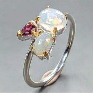 Natural Opal and Rhodolite Gemstone Ring Size 6 in 925 Sterling Silver